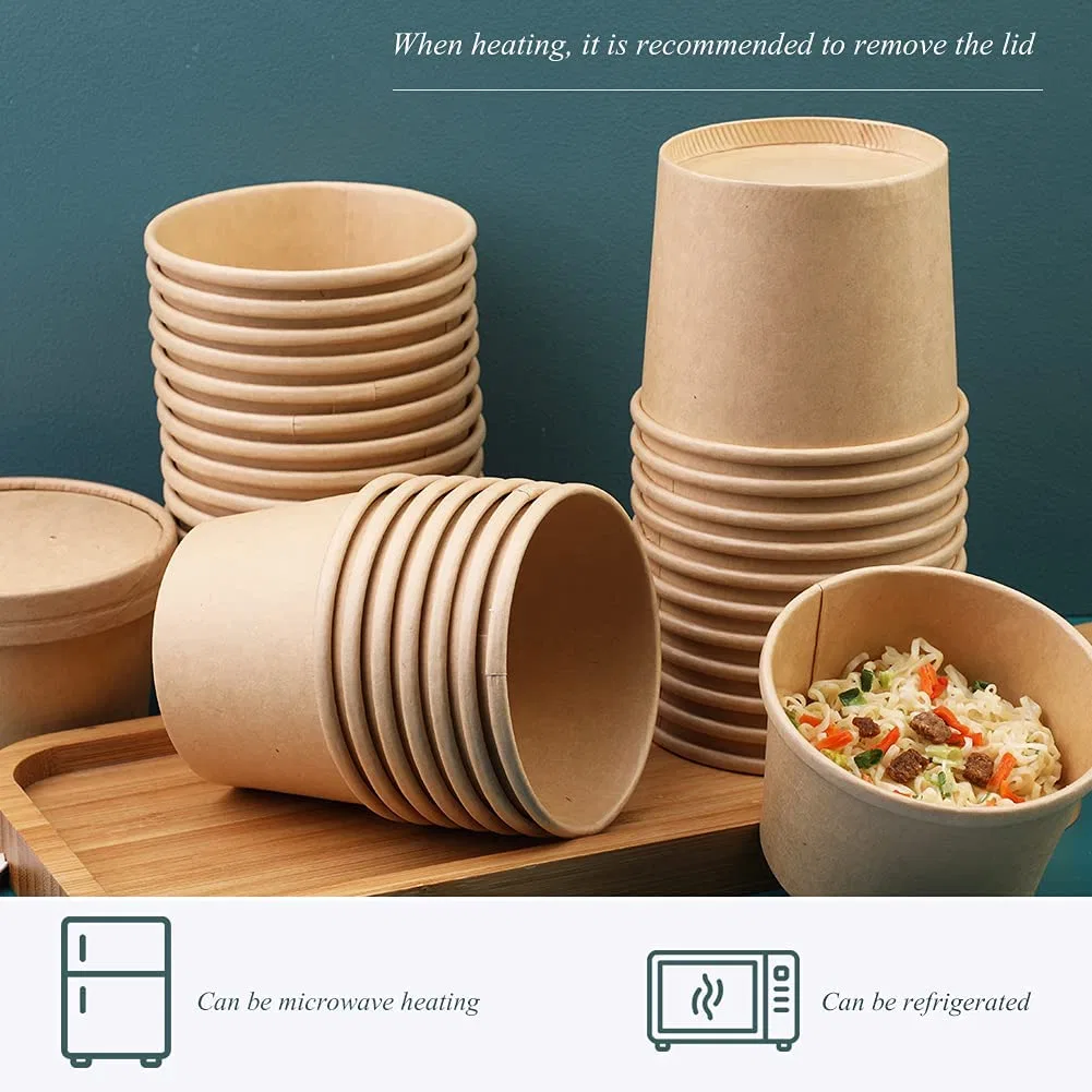 Restaurant Take Away Eco Friendly Disposable Brown Kraft Paper Salad Bowl with Lid White Disposable Food Container