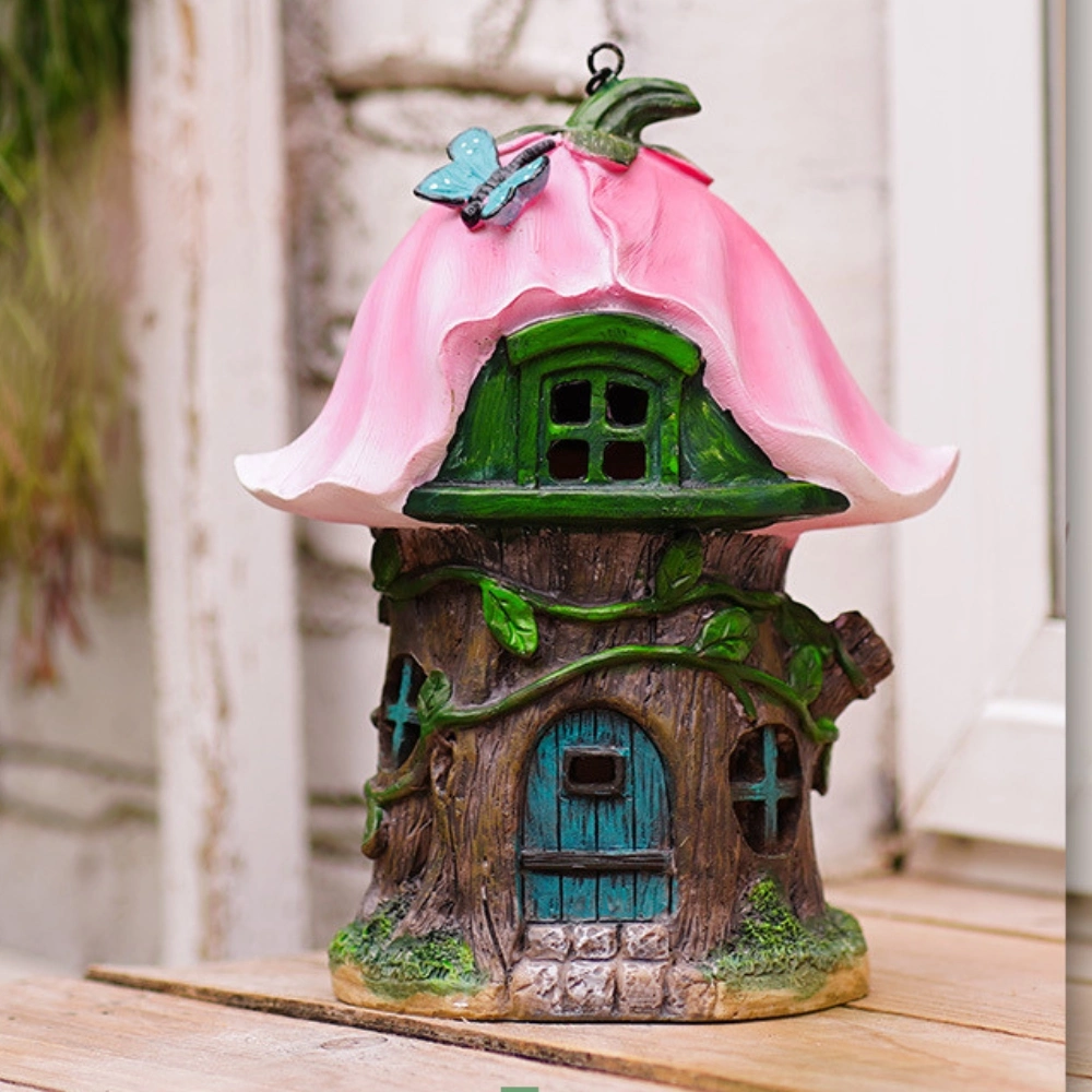 Mini Resin Tree House Sculpture Garden Light Figurine Resin Crafts Ornaments Ci24732