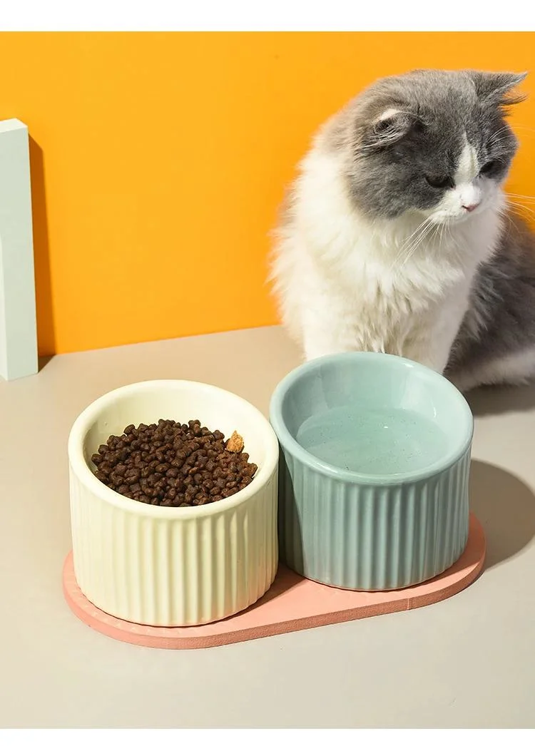 Striped Ceramic Cat Water Bowl Small Dog Food Feeders Elevated Pet Drinking Eating Feeding Bowls