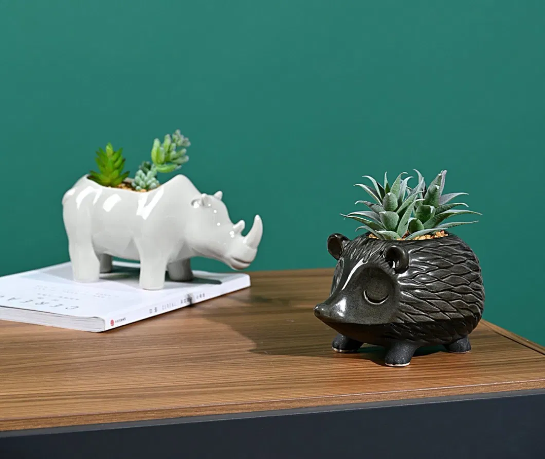 Ceramic Cute Custom Animal Indoor Flower Pot Home and Garden Decoration 3D Bird and Hedgehog and Rhinoceros Shape