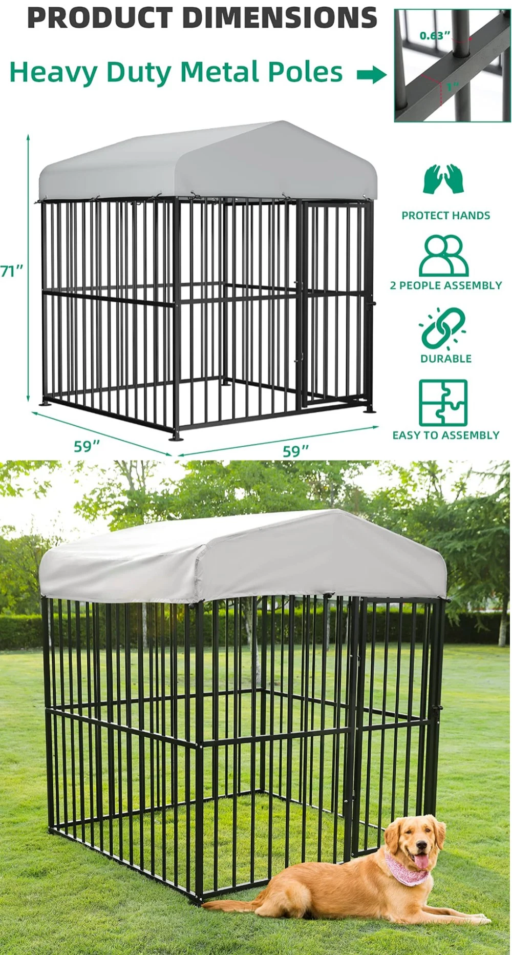 Heavy Duty Metal Frame Outside Pen Playpen Dog Run House with UV &amp; Waterproof Cover and Secure Lock for Large to Small