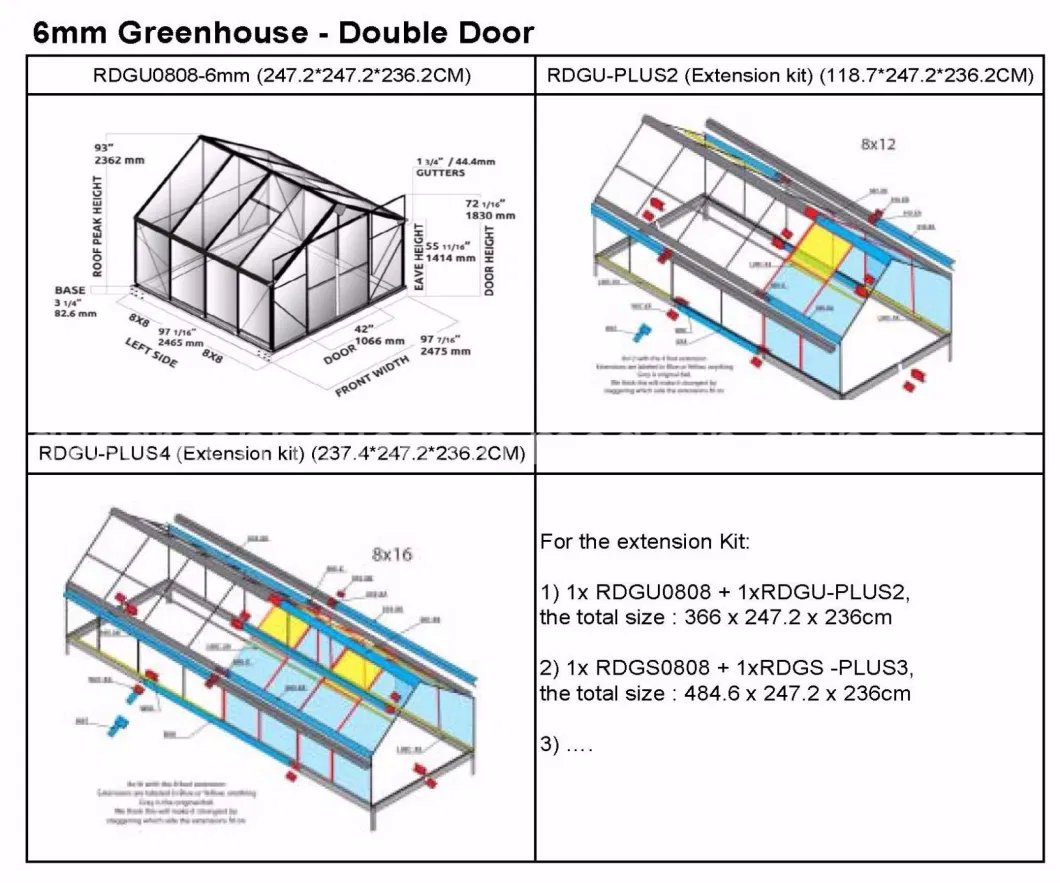 Fast Assembly Aluminium Greenhouse Waterproof Polycarbonate Garden Flower Green House (RDGU0812-6mm)