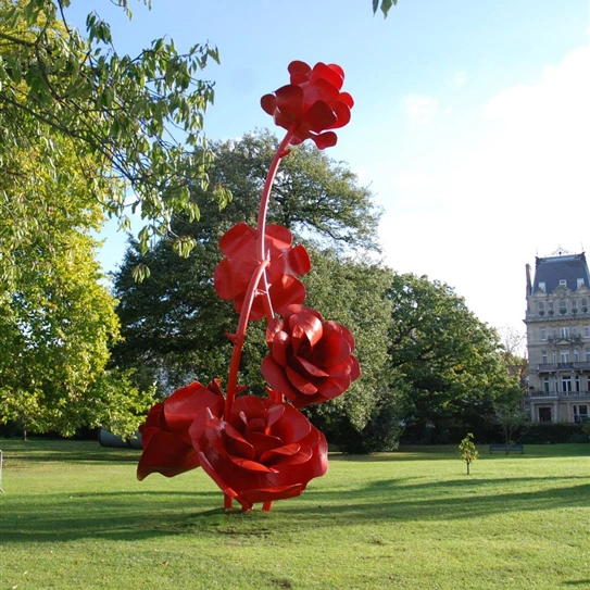 Red Painted Flowers Sculpture Metal Lawn Park Garden Statue Decor