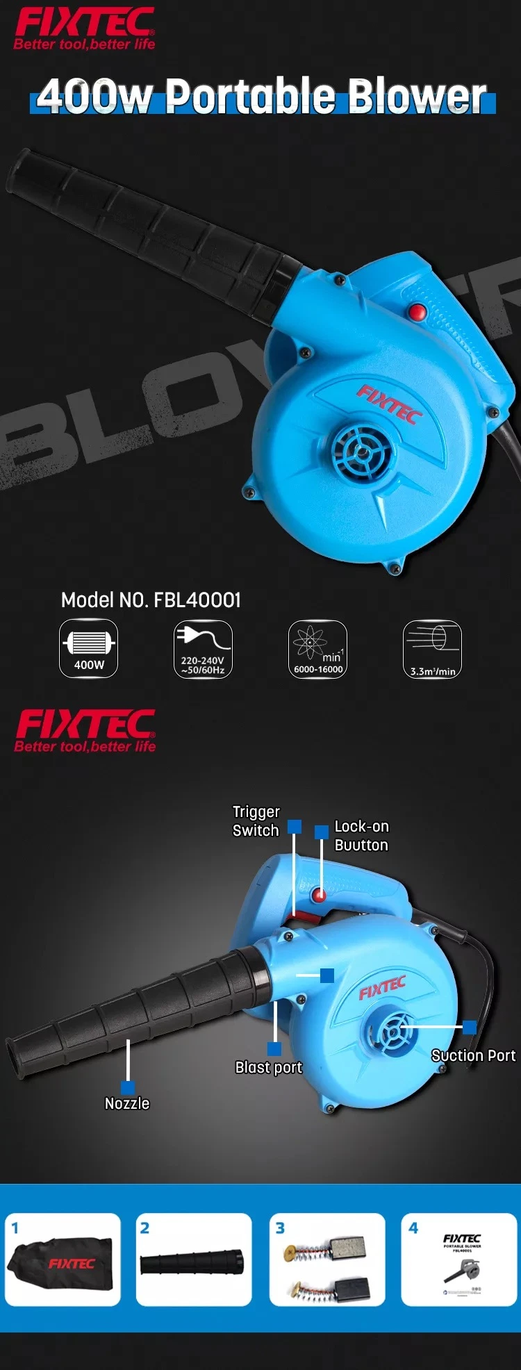 Fixtec 400W Portable Mini Electric Handheld Car Garden Dust Leaf Air Blower