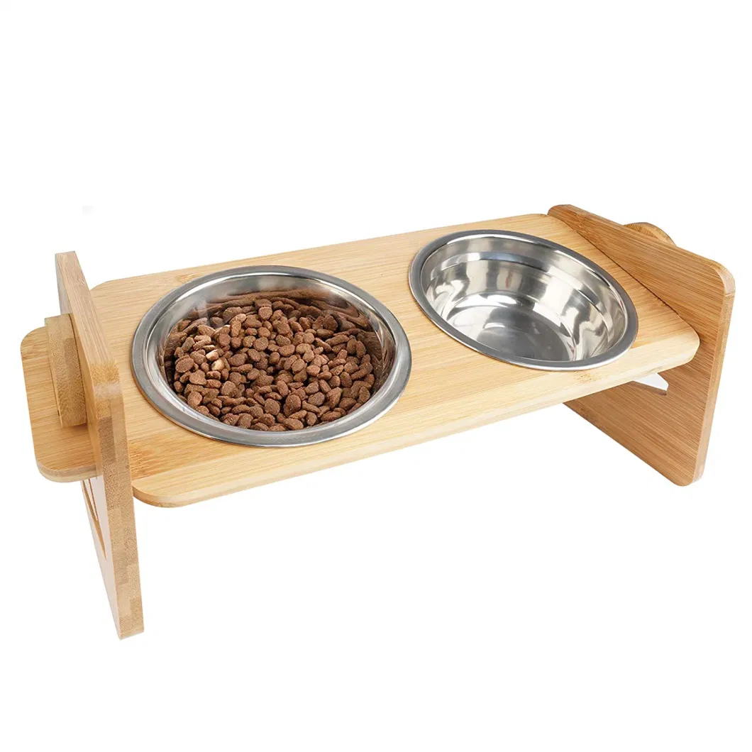 Raised Pet Bowl for Cats and Small Dogs, Adjustable Elevated Dog Cat Food and Water Bowl Stand Feeder with 2 Steel Bowls W-Assembly