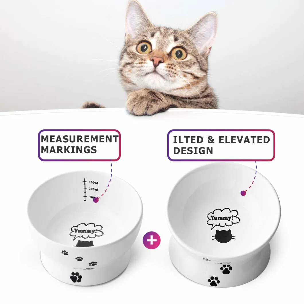 Raised Cat Food and Water Bowl Set, Tilted Elevated Cat Food Bowls No Spill, Ceramic Cat Food Feeder Bowl Collection, Pet Bowl for Flat-Faced Cats and Small Dog
