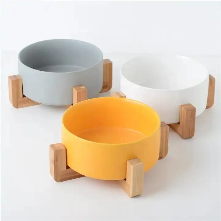 Pet Feeder Elevated Raised Cat Food Pet Accessories High Non Slip Bamboo Stand Insulated Double Ceramic Dog Bowl