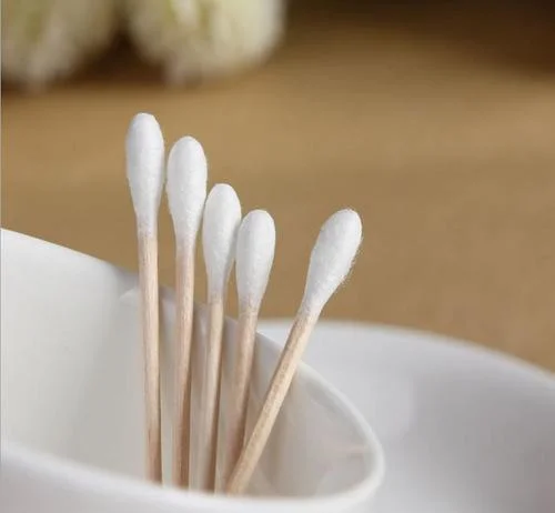 Ear Cleaning White Plastic Cotton Buds Wooden Stick Swab