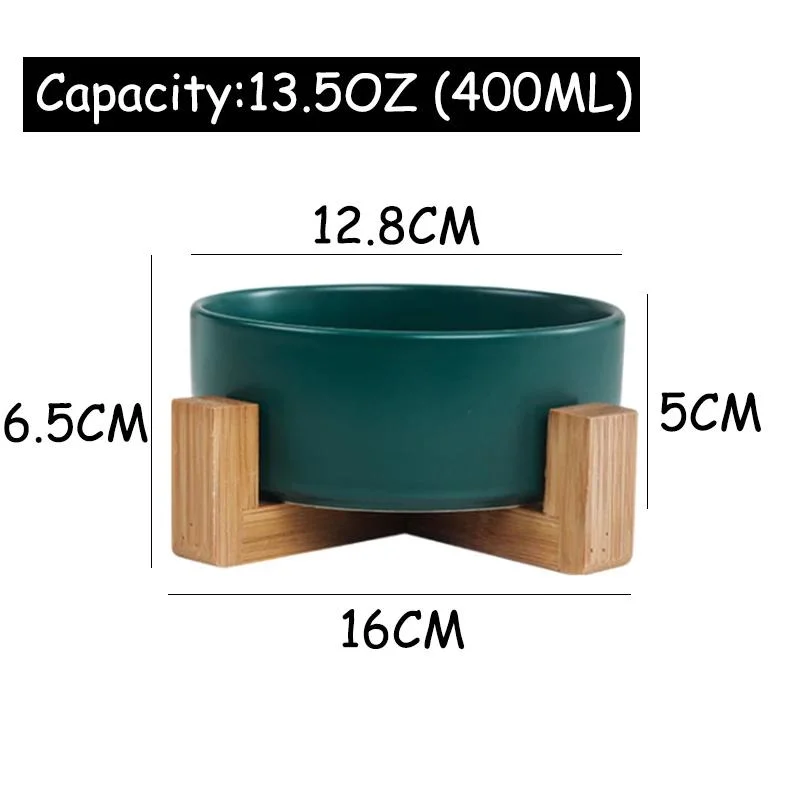 Ceramic Pet Bowl Dish with Wood Stand No Spill Ceramic Double Pet Bowl for Dog Cat Food Water Feeder