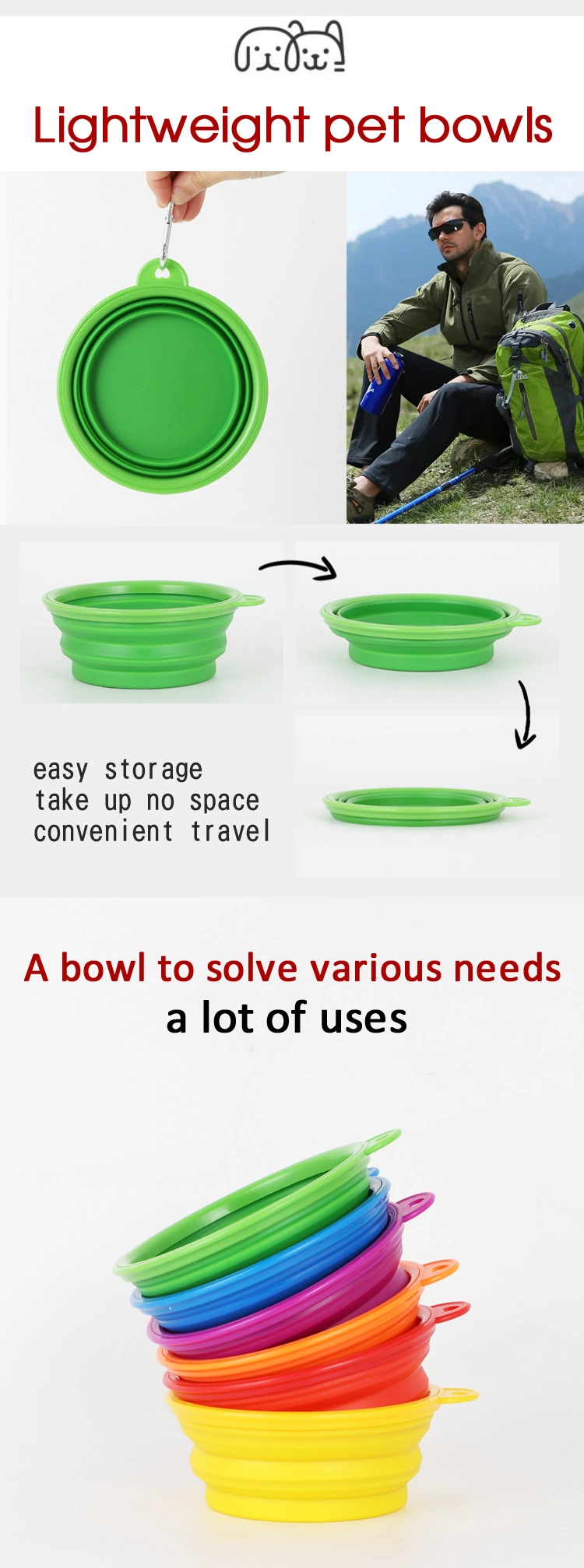 Eco-Friendly Portable Food Grade Colorful Foldable Silicone Food Feeder Bowl Plate Pet Product Collapsible Silicone Dog Bowl