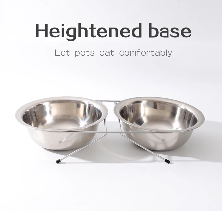 Pet Supplies Protect Cervical Spine Water Food Feeder Cat Dog Double Bowl with Stainless Steel Frame and Stainless Steel Bowl