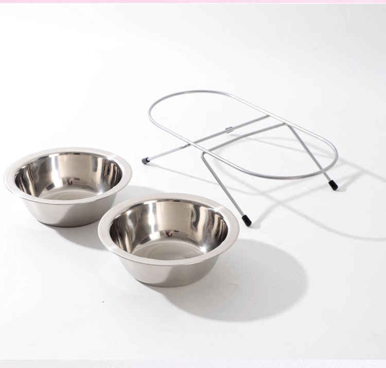 Pet Supplies Protect Cervical Spine Water Food Feeder Cat Dog Double Bowl with Stainless Steel Frame and Stainless Steel Bowl