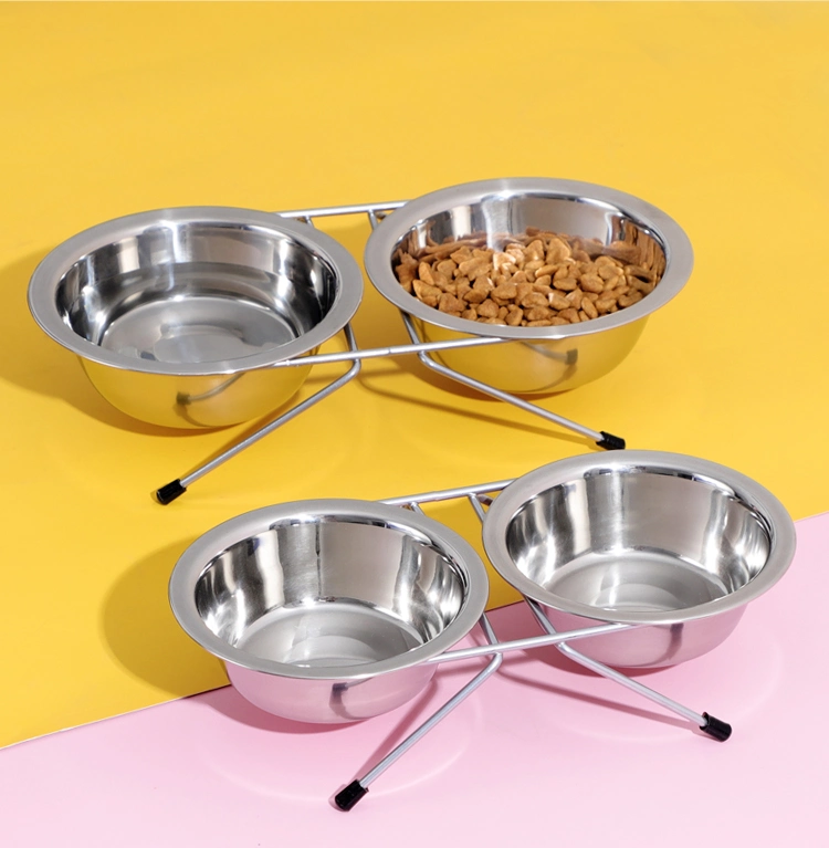 Pet Supplies Protect Cervical Spine Water Food Feeder Cat Dog Double Bowl with Stainless Steel Frame and Stainless Steel Bowl