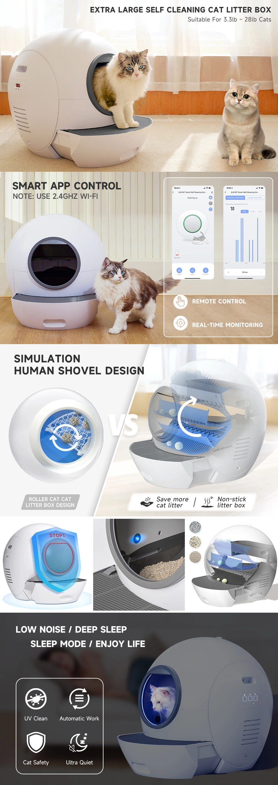 Multi Intelligent Function Smart WiFi Control APP Phone Remote Cat Litter Tray Box Automatic Cleaning Health Monitoring Cat Toilet Quiet Work Cat Litter Box