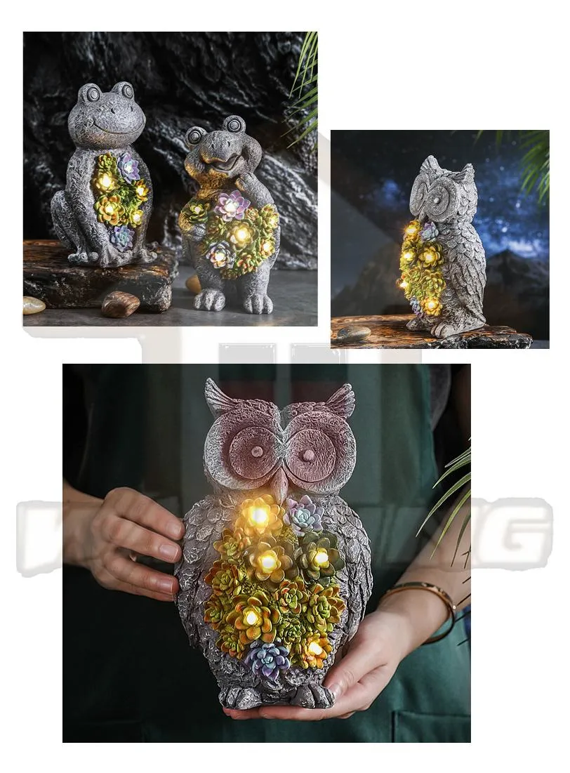 Resin Owl Animal Statues Solar Light Garden Succulent Plants Outdoor Lawn Ornaments