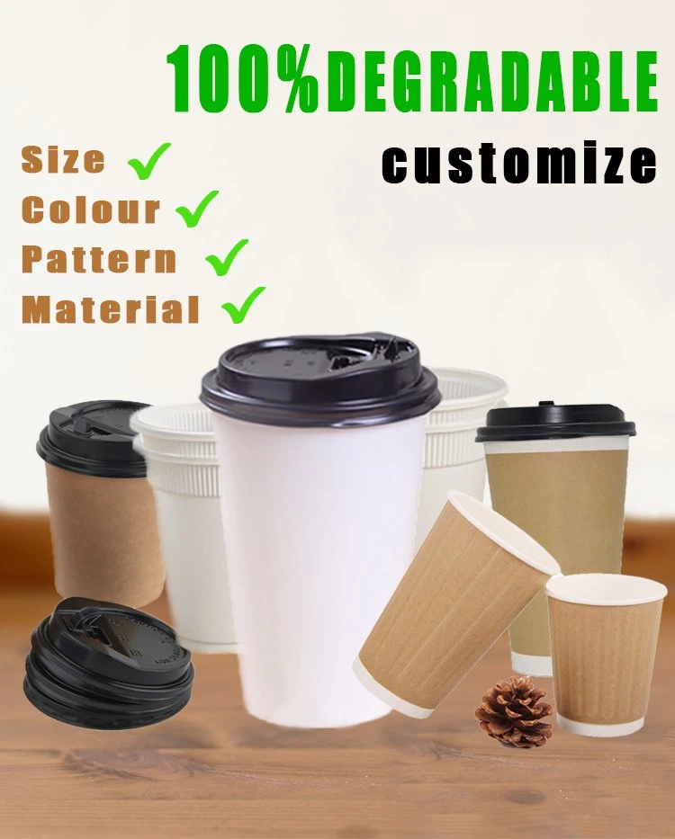 Customized Print Logo Compostable Coffee Cups 8oz 12oz 14oz 16oz 22oz Paper Glass for Hot Drink