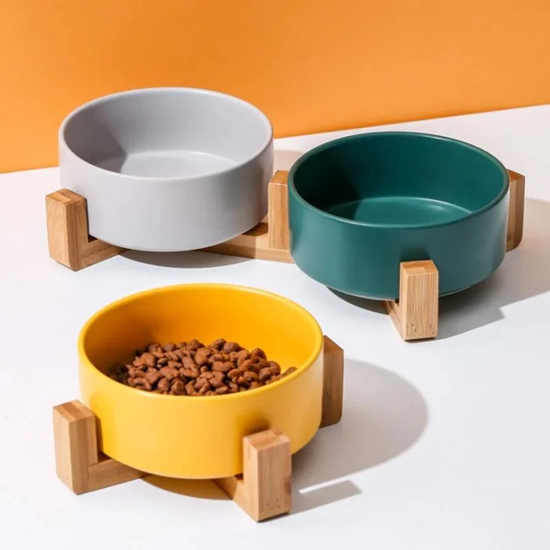 Ceramic Pet Bowl Dish with Wood Stand No Spill Ceramic Double Pet Bowl for Dog Cat Food Water Feeder