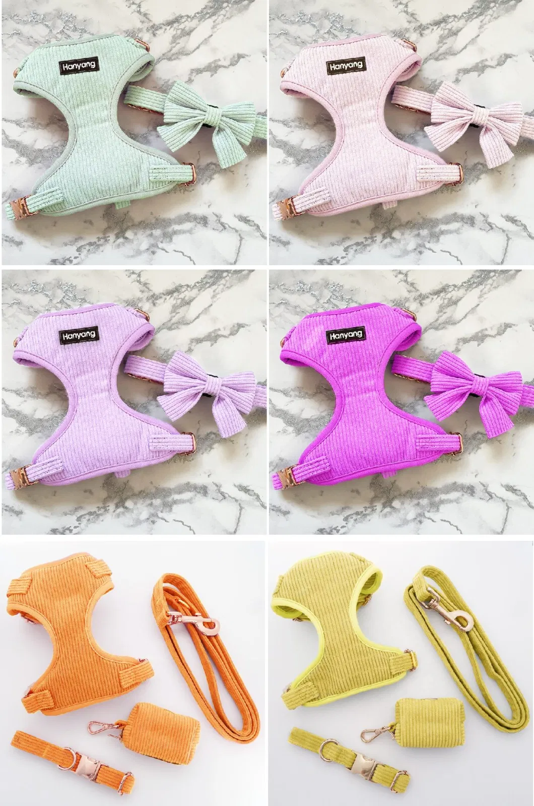 Hanyang New Fashion Pet Products Pastel Corduroy Dog Collar Pet Leash Corduroy Dog Harness Set Corduroy Custom Dog Harness