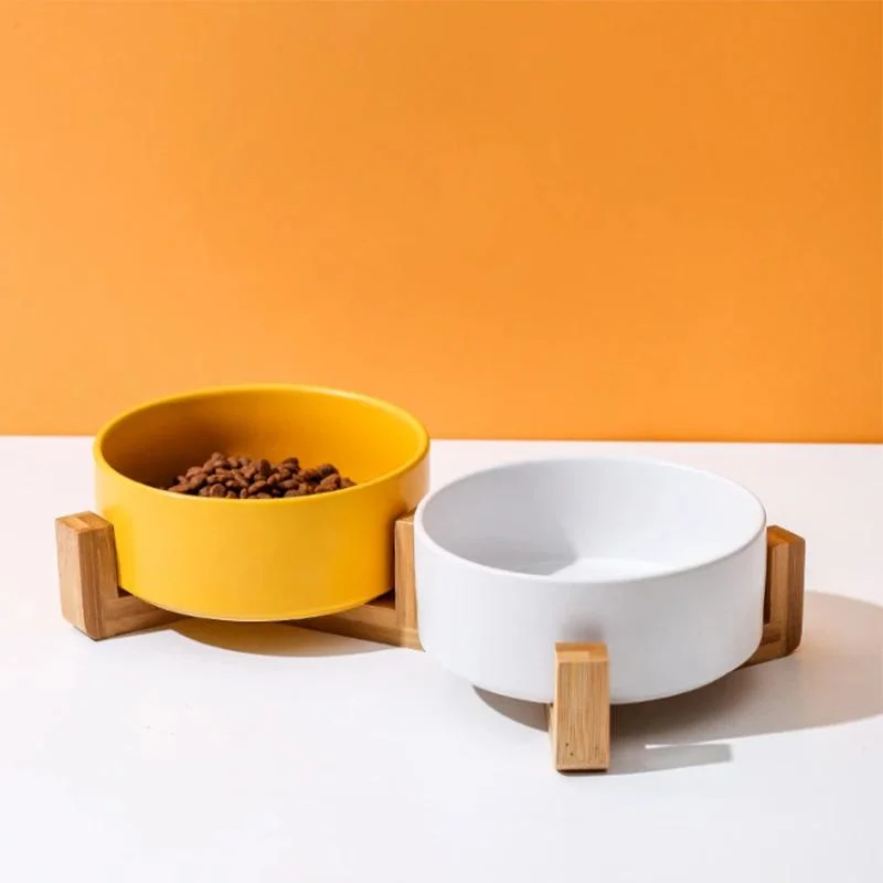 Ceramic Pet Bowl Dish with Wood Stand No Spill Ceramic Double Pet Bowl for Dog Cat Food Water Feeder