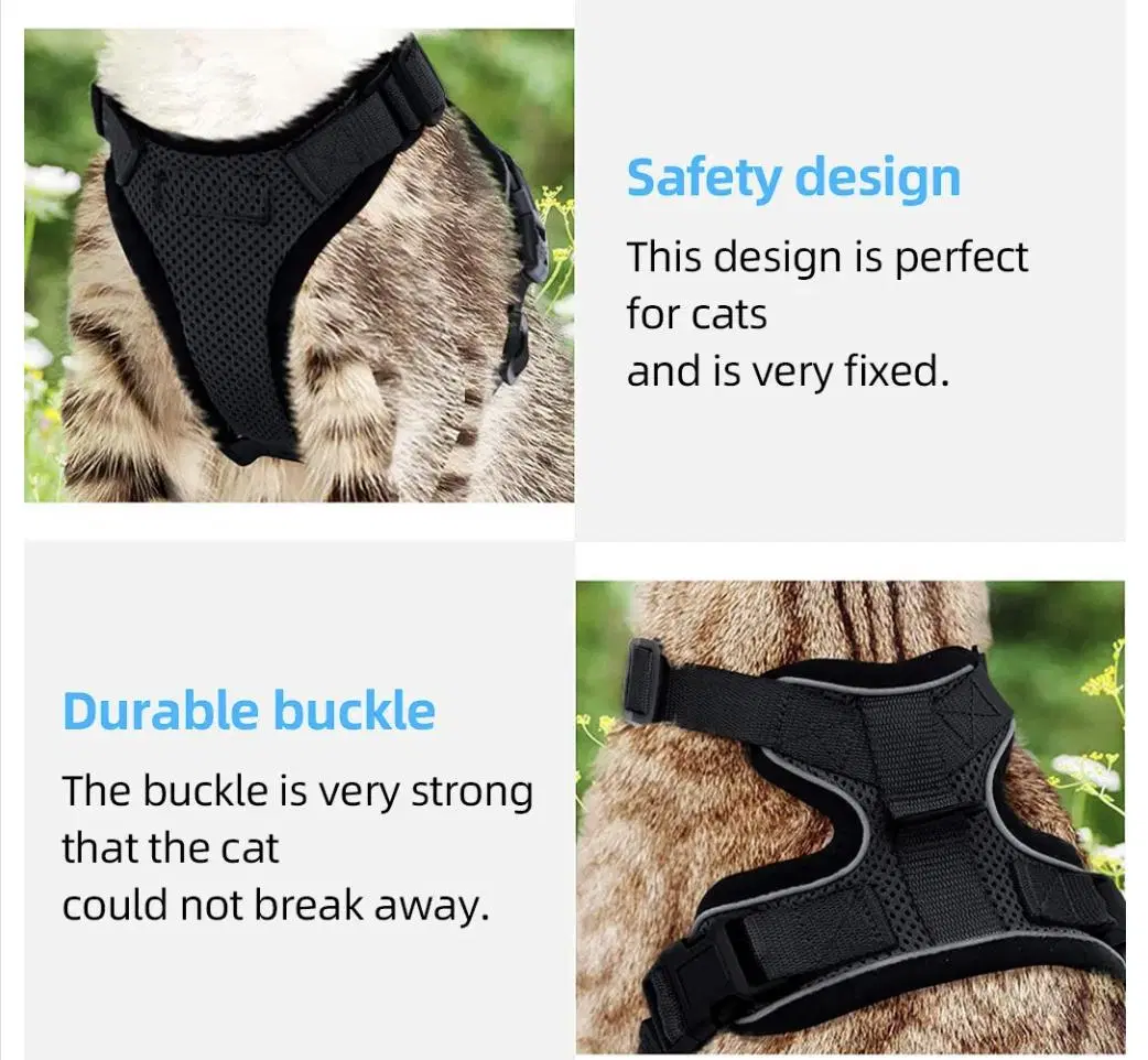 Custom Adjustable Cat Harness Set Breathe Freely Reflective Cat Vest and Leash