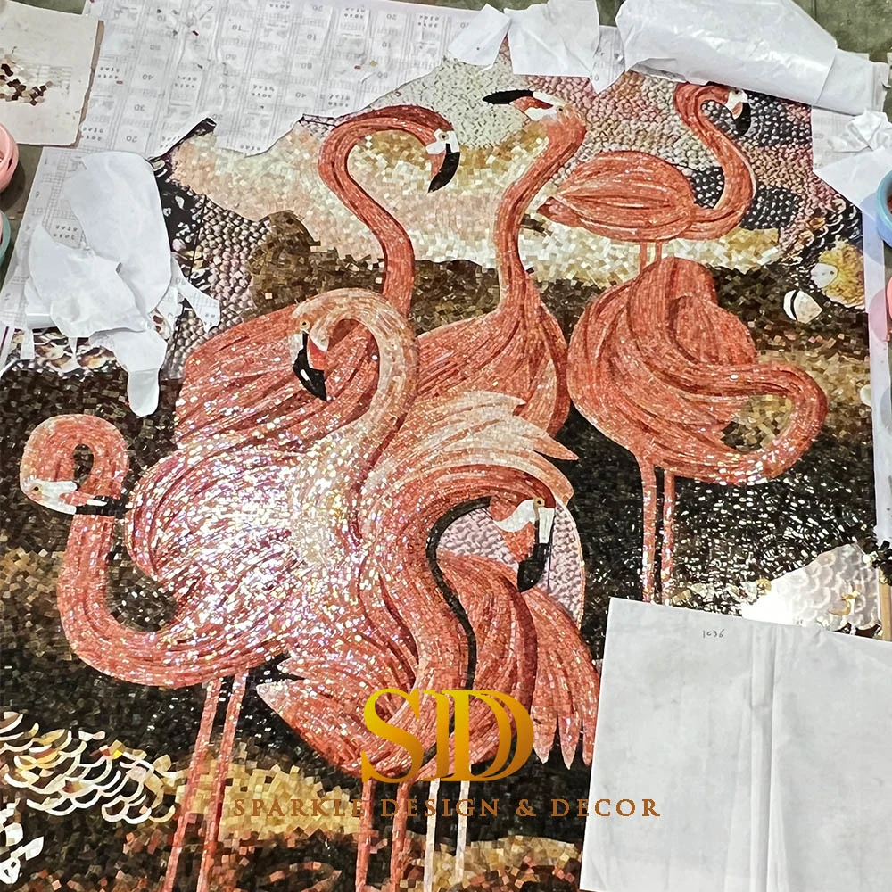 Custom Made Beautiful Flamingos Glass Mosaic Artwork Wall Mosaic Murals for Bathroom Wall