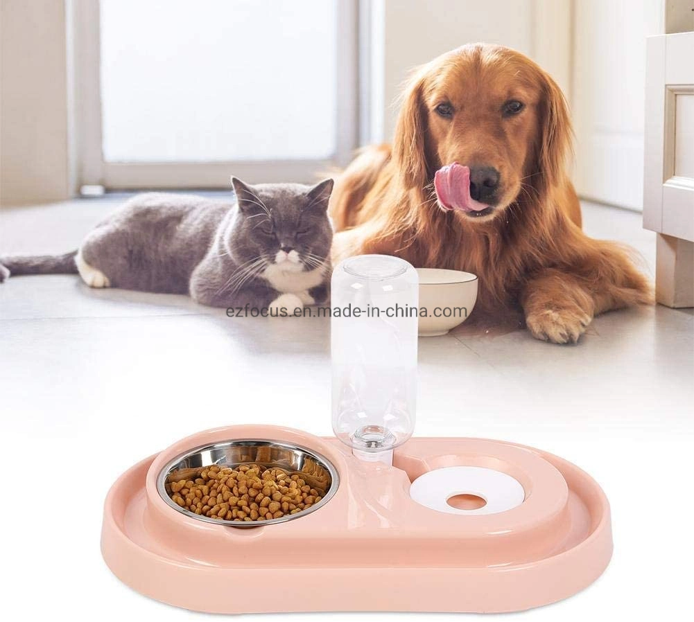 Stainless Steel Pet Food Bowl with Water Dispenser, 18 Oz Water Refill Bottle, Designed for Small and Medium Size Dogs and Cats Wbb12367