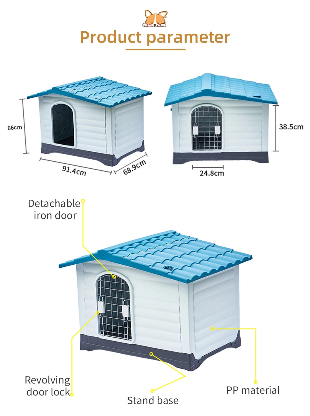 Big Cheap Outside Plastic Dog Kennel House Roof Skylight Window Heated Double Door Outdoor Pet Cage Dog Kennel Buildings House for Sale