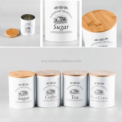 Wood Lid Domestic Kitchen Baking Bakery Cylindrical Metal Tin Can