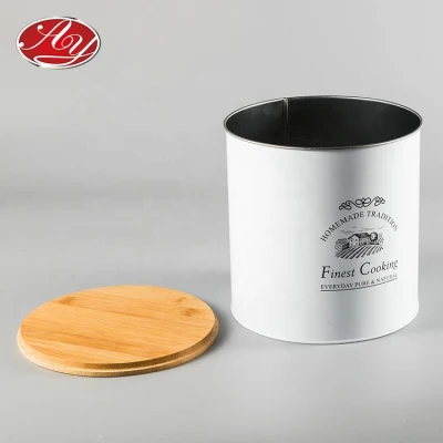 Wood Lid Domestic Kitchen Baking Bakery Cylindrical Metal Tin Can