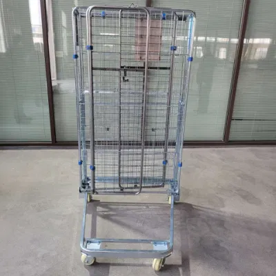 Folding Nesting Warehouse Storage Metal Wire Roll Container for European Supermarket