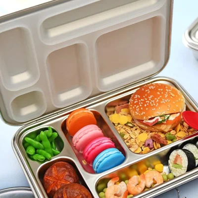 Oumego Food Grade Rectangular Metal Aluminium Loncheras 5 Compart Stainless Steel Tin Bento Lunch Box Fiambreras Infantil