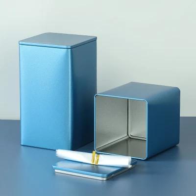 85X85 Airtight Grey Blue Colored Coffee Tea Packaging Metal Container Square Tin Box