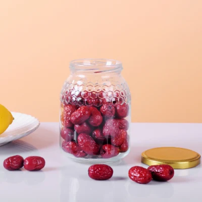 Food Airtight Glass Honey Jar Wide Mouth Food Packaging Jar with Metal Lid Empty Honeycomb Embossed Mason Jar Storage Spice Bottle