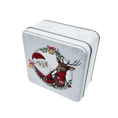 China Manufacture Wholesale Custom Christmas Tinplate Container White Square Metal Case Chocolate Candy Tin Box with Lid