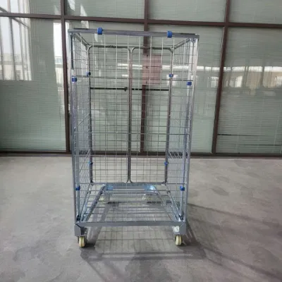 Folding Nesting Warehouse Storage Metal Wire Roll Container for European Supermarket