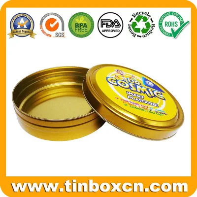 Lovely Cartoon Round Smart Plasticine Golden Metal Tin Box with Seamless Bottom for Candy Mint