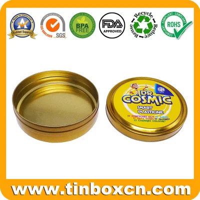 Lovely Cartoon Round Smart Plasticine Golden Metal Tin Box with Seamless Bottom for Candy Mint