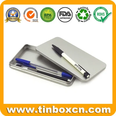 Empty Rectangular Slim Tin Box Silver Metal Pencil Case