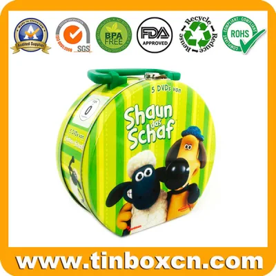 Decorative Metal Can Round Handle Christmas Tin Box with 3D Embossment