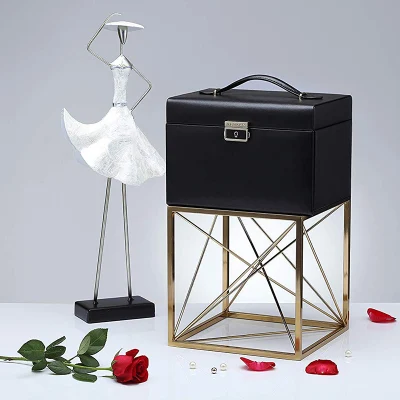 High-End Black PU Leather Metal Key Lock Rectangular Jewelry Gift Box