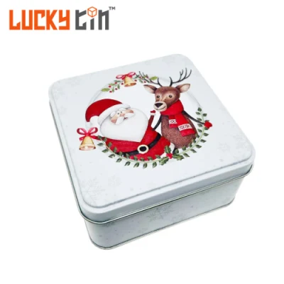  China Manufacture Wholesale Custom Christmas Tinplate Container White Square Metal Case Chocolate Candy Tin Box with Lid