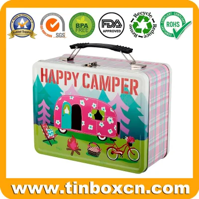 Metal Can Gift Box Lunch Tin Case with Handle and Lock Clasp