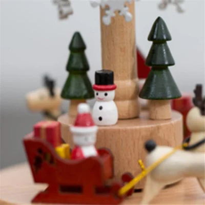 Round Shape Crystal Ball Carousel Music Tin Box Wooden Christmas Music Box