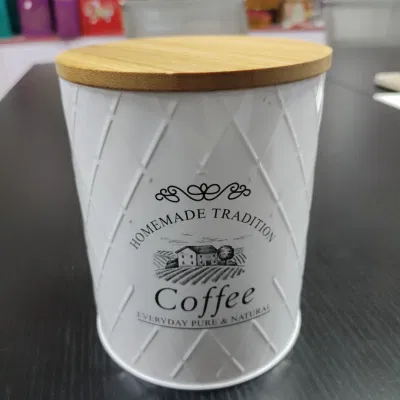 Wood Lid Domestic Kitchen Baking Bakery Cylindrical Metal Tin Can