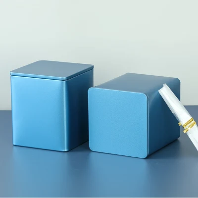 85X85 Airtight Grey Blue Colored Coffee Tea Packaging Metal Container Square Tin Box