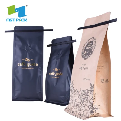 Wholesale Luxury Custom Printed Tin Tie Flat Bottom Coffee Bean Bag / Aluminum Foil Side Gusset Quad Seal Packaging Ziplock