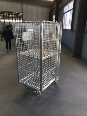 Folding Nesting Warehouse Storage Metal Wire Roll Container for European Supermarket