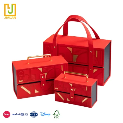  Customize Luxury Portable PU Leather Gift Packaging Carrier Box with Metal Handle