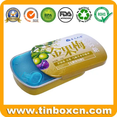Metal Tin Packaging Box Sliding Candy Gum Mint Tins with Plastic Inserts