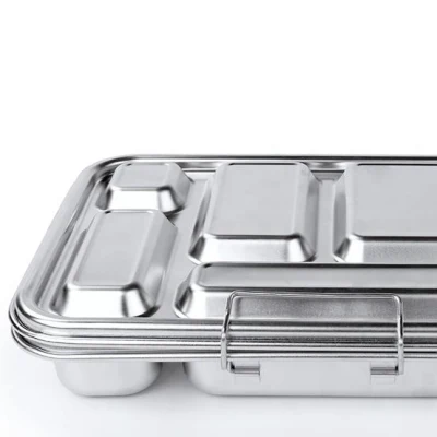 Oumego Food Grade Rectangular Metal Aluminium Loncheras 5 Compart Stainless Steel Tin Bento Lunch Box Fiambreras Infantil